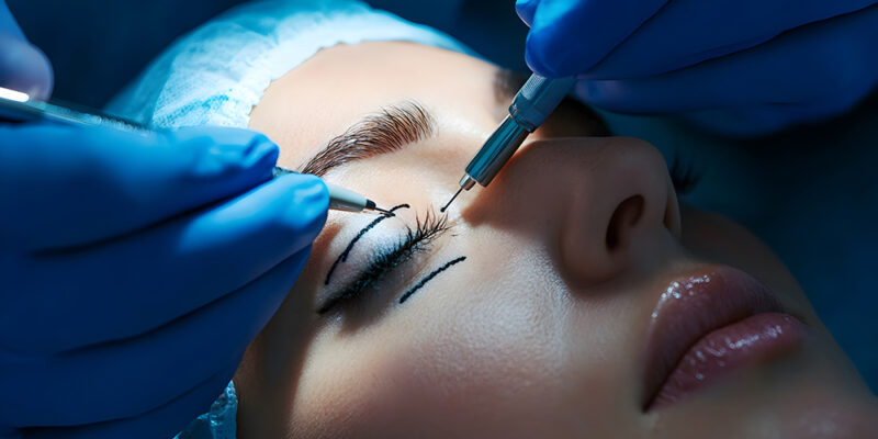 Close up of a doctor carefully sketching guidelines on a patient Close up of a doctor carefully sketching guidelines on a patient s face for an upcoming eyelid surgery procedure isolated on a white background